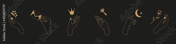 Fototapeta Collection of mystical objects in female hands. Silhouettes of female hands holding symbolic objects. A key, an envelope with a letter, a crown, a flower, a young moon.