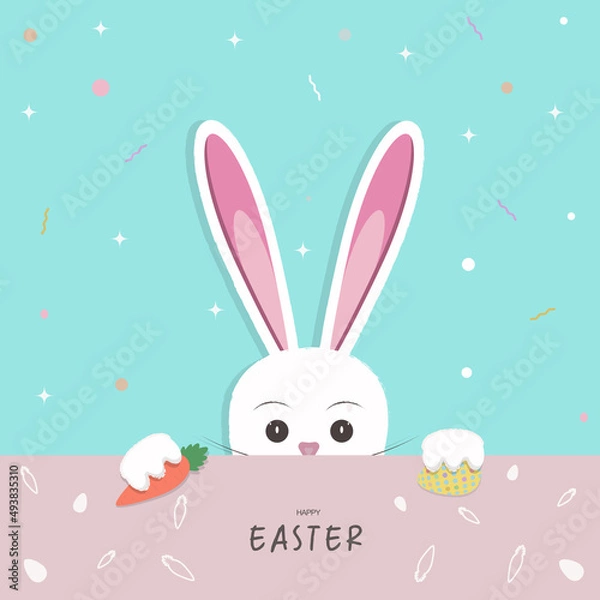 Fototapeta Happy Easter background with cute  bunny holding carrot and Easter egg.Happy Easter greeting card.Vector illustration