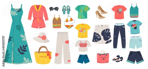 Fototapeta big Woman summer clothing vector icon set. dress, sundress, shorts, skirt, shoes, bag, T-shirt, hat, glasses, pants, blouse, sandals. Clothes collection.