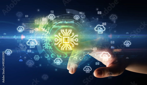 Fototapeta touching with soft gesture multimedia screen with future technology concept