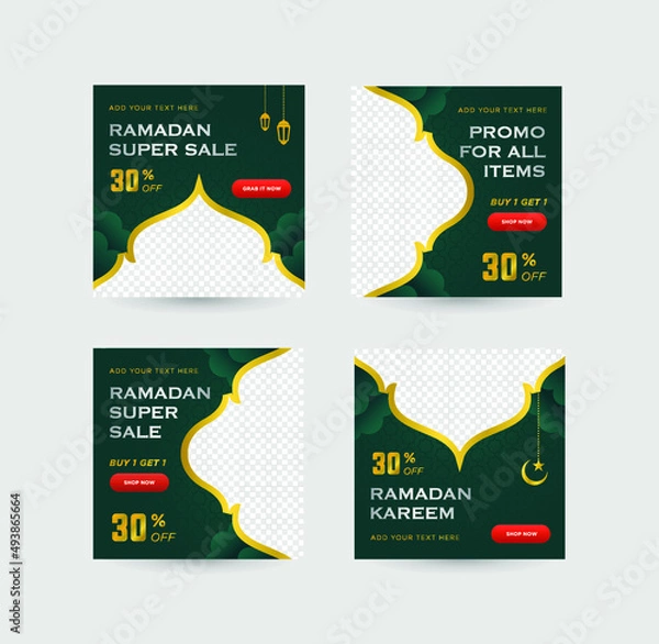Fototapeta Social Media Post Promotion for Ramadan Sale set with elegant Green and gold gradient colors with empty space for image