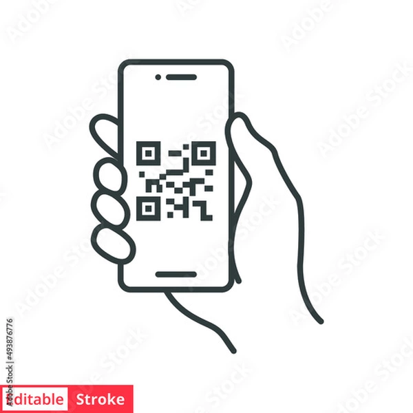 Fototapeta QR code scanning in smartphone screen. Hand holding Mobile phone. Simple line icon style, barcode scanner for pay, web, mobile app. Vector illustration isolated. Editable stroke EPS 10.