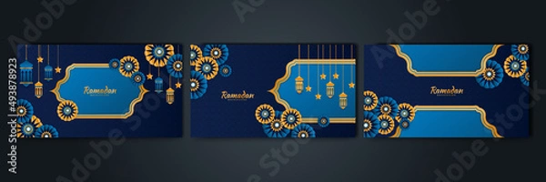 Fototapeta Islamic Ramadan background banner with mosque arabic pattern lantern moon crescent star. Design for Eid Adha, Eid Fitr, Muharram, Mawlid Nabi Prophet, Islamic New Year. Vector illustration.