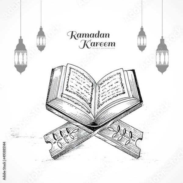 Fototapeta Hand drawn sketch of holy book of the koran on the stand ramadan kareem design