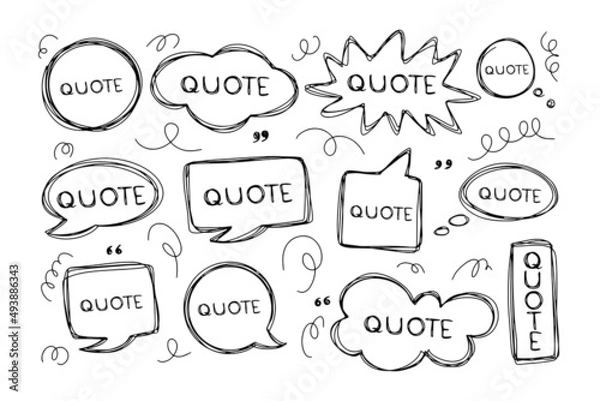 Fototapeta Set of scribbled comic speech bubbles with hand drawn doodle style. Copy space for quote. Hand drawn set of speech bubbles with dialog words. Vector illustration