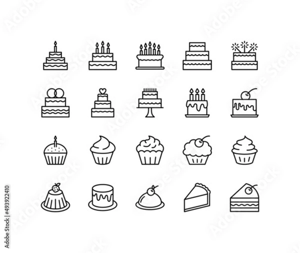 Fototapeta Cake flat line icons set. Sweet dessert of birthday baking, wedding cake, cup cake. Simple flat vector illustration for web site or mobile app