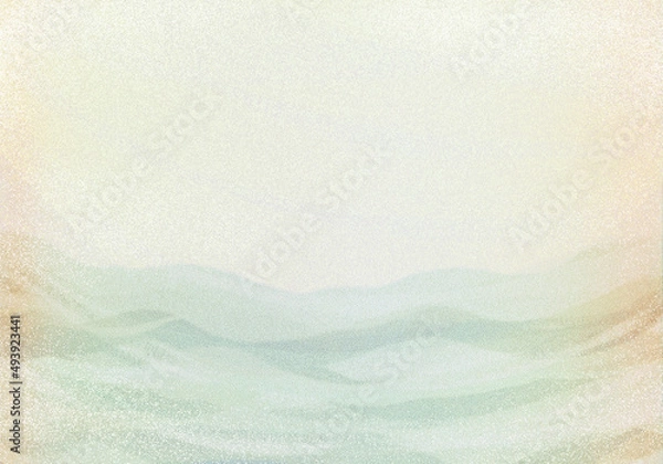 Fototapeta 和紙に点描・ソフトな色調の海と空に白い雲グリーン〜ブラウン系