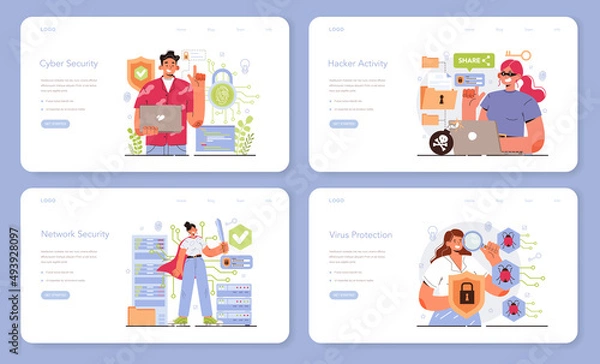 Fototapeta Cyber or web security specialist web banner or landing page set. Digital data