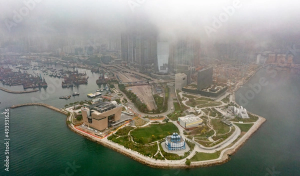 Fototapeta Hong Kong 18 March 2022,Aerial view of West Kowloon Cultural District on a foggy day .