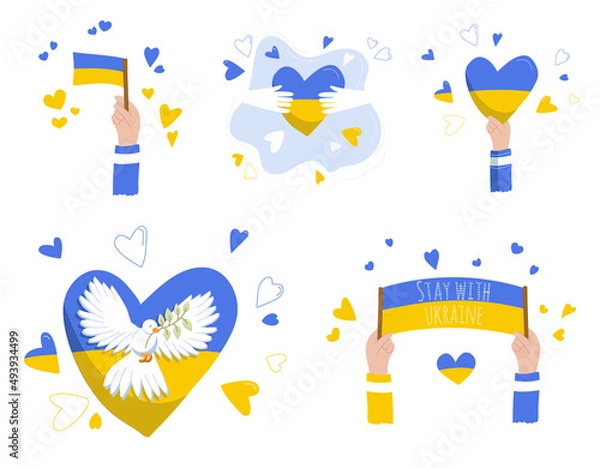 Fototapeta Hand drawn ukrainian flag Stay with Ukraine in color isolated on white background, elements for poster, banner, card, t-shirt. Pray for Ukraine. Social assistance and support. Vector illustration