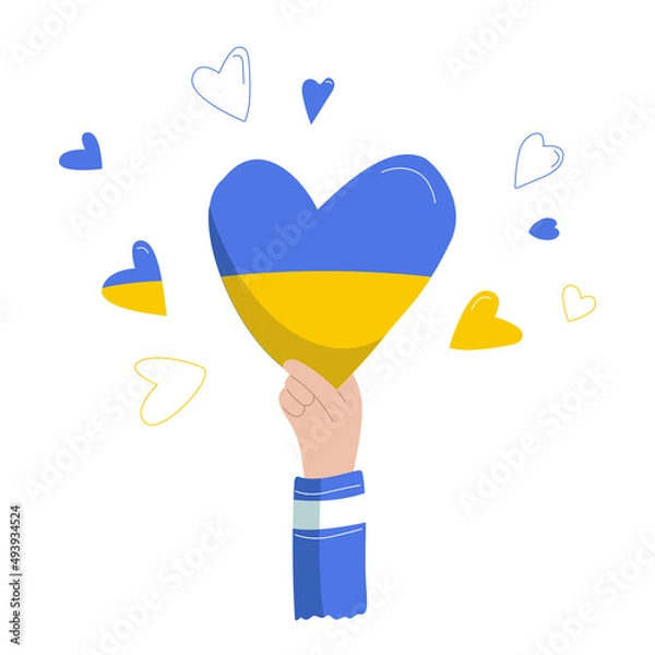 Fototapeta Hand drawn ukrainian heart in hand in color isolated on white background, elements for poster, banner, card, t-shirt. Pray for Ukraine. Social assistance and support. Vector illustration