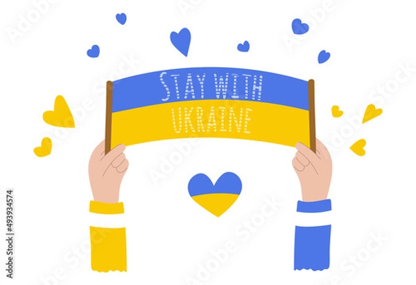 Fototapeta Hand drawn ukrainian flag in hands in color isolated on white background, elements for poster, banner, card, t-shirt. Pray for Ukraine. Social assistance and support. Vector illustration