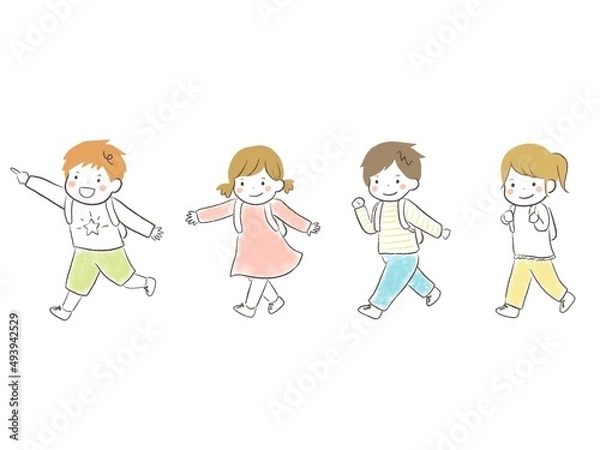 Fototapeta 遠足を楽しくかわいい子供達(リュックを背負う)