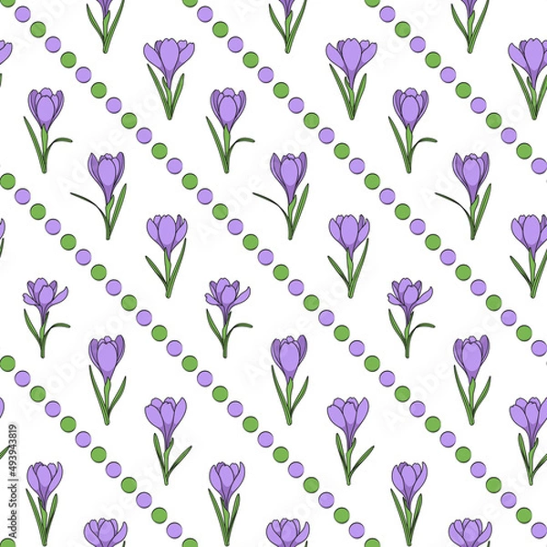 Fototapeta Seamless pattern with purple crocus flowers, saffron. Vector background.