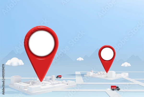 Fototapeta Gps 2 points show on the building with truck. 3D illustration
