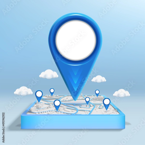 Fototapeta Gps icon on the city map with pin location and cloud. 3D style illustration