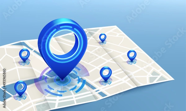 Fototapeta Gps navigation six unit drop on paper map on blue background