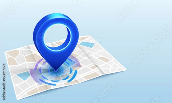 Fototapeta Gps pin blue color drop in paper map