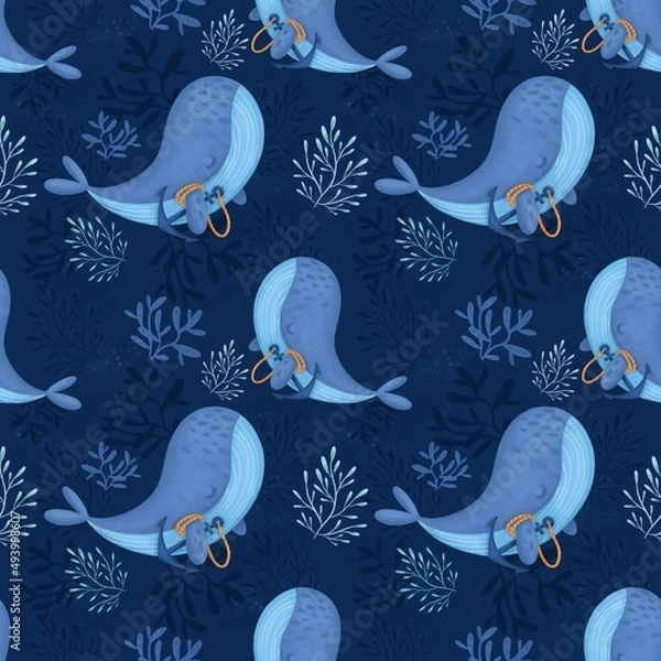 Fototapeta Seamless pattern blue whales with anchor swim