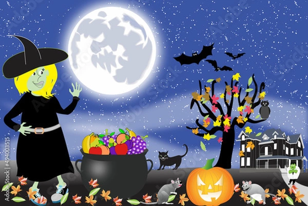 Fototapeta halloween background with witch and pumpkin and kettle filled with fresh fruit