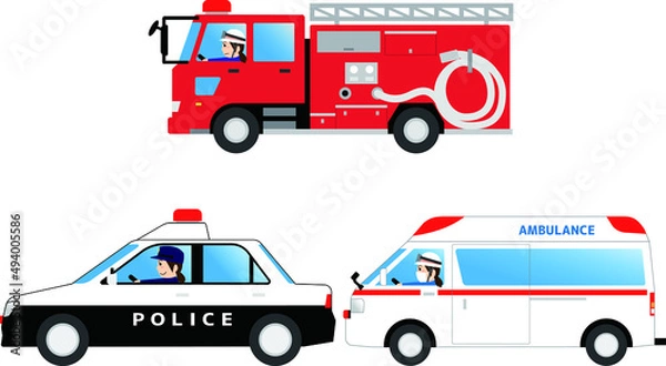 Fototapeta 緊急車両 （消防車・パトカー・救急車）を運転する女性