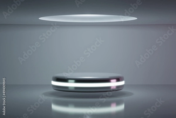 Obraz High technological background for product presentation with cold ambient light. Sci-fi scenarios with suspended element. 3d rendering illustration.