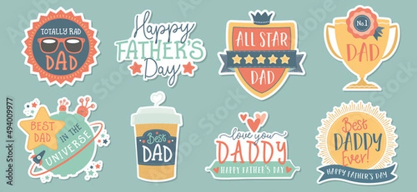 Obraz Fun Father's Day sticker set with drop shadow for Dad, Daddy, Father. Calligraphic typrography for greetings cards, website, social media, giftware