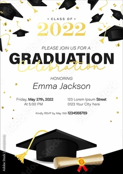 Obraz Graduation poster concept with university or high school cap.Class of 2022 elegant design for grad party, greeting card, album, ceremony etc. Congratulations graduates Vector illustration.