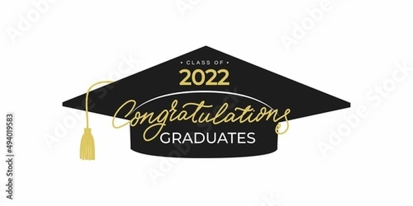 Fototapeta Congratulations graduates banner with cap and golden design elements. Class of 2022. Graduation black and gold logo. Grad concept for high school or college party, photo album etc.Vector illustration.