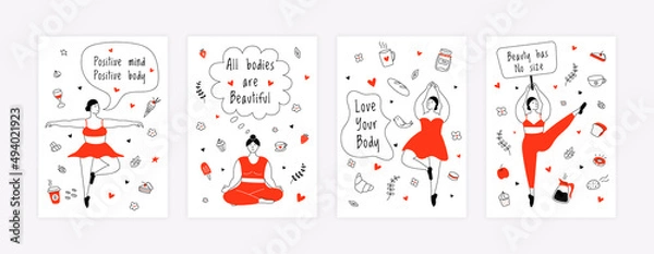 Fototapeta Body positive posters. Female empowerment active lifestyle, fat cartoon characters doing sport exercises and yoga. Vector set