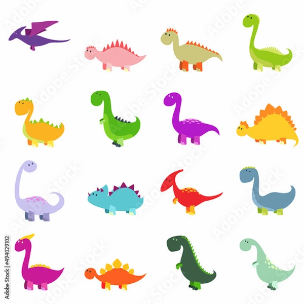 Obraz Cute dinosaurs icons set, vector illustration. Cartoon colorful dinosaur .