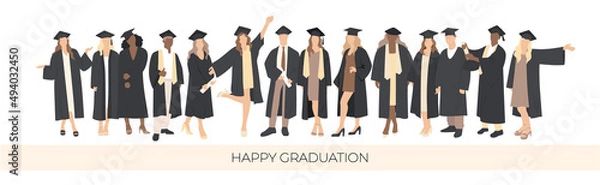 Fototapeta Group of joyful students, happy graduation. Poster, set. Vector