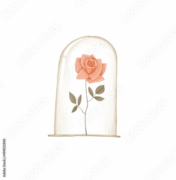 Fototapeta A hand-drawn rose in a glass flask. Beautiful single flower on a white background. Vintage style. Delicate colors. Stock illustration.
