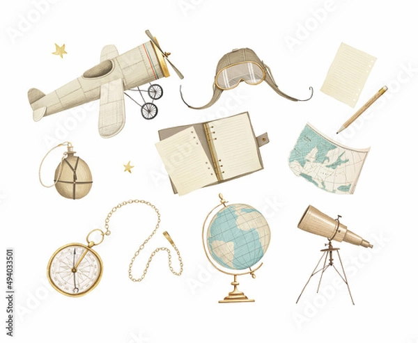 Fototapeta Geography and aviation set. Hand-drawn illustrations. Airplane, map, pilot's hat, globe, compass, notebook, telescope, flask. Vintage style. Stock illustration.