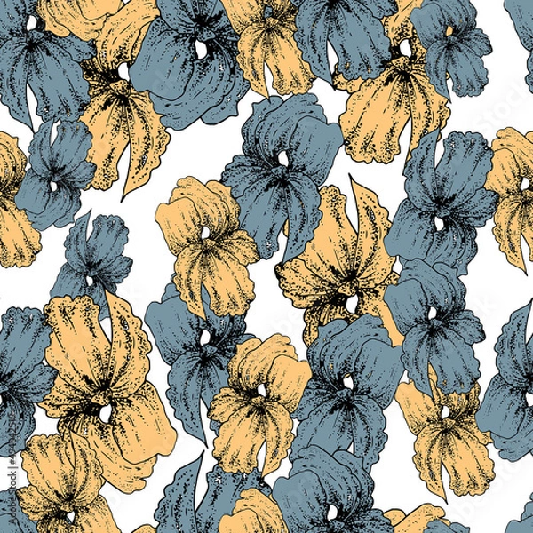 Fototapeta Patterns with graceful iris flowers. Beige and blue petals intertwine in a chaotic pattern for fabric and wallpaper.