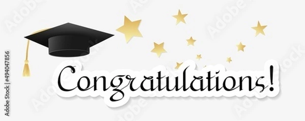 Fototapeta Congratulations design template for graduation ceremony with stars and cap vector illustration