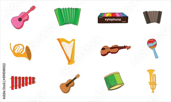 Fototapeta Twelve Set of vector modern flat design Music instruments