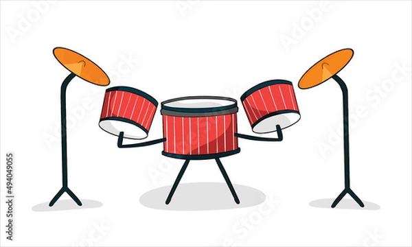 Fototapeta 2D Red drum set crash base isolated on a white background Colorful 2d drums flat style vector illustration. Three Drums 2D Vector 