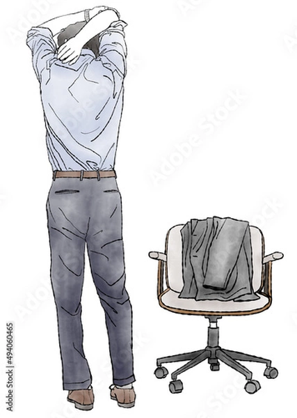 Fototapeta 椅子にスーツの上着を掛けて立ち、ストレッチをする男性の後ろ姿の手描き水彩イラスト