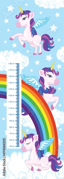 Fototapeta Hand drawn  with cute unicorns, stars and planet. Wallpaper on dark blue background. Perfect for or nursery decor.children's height meter with cute unicorns
