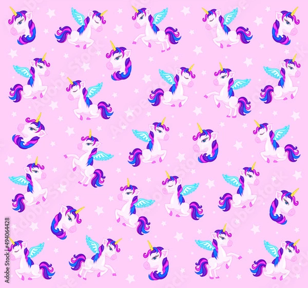 Fototapeta Hand drawn seamless vector pattern with cute unicorns, stars and planet. Repetitive wallpaper on dark blue background. Perfect for fabric, wallpaper, wrapping paper or nursery decor.
