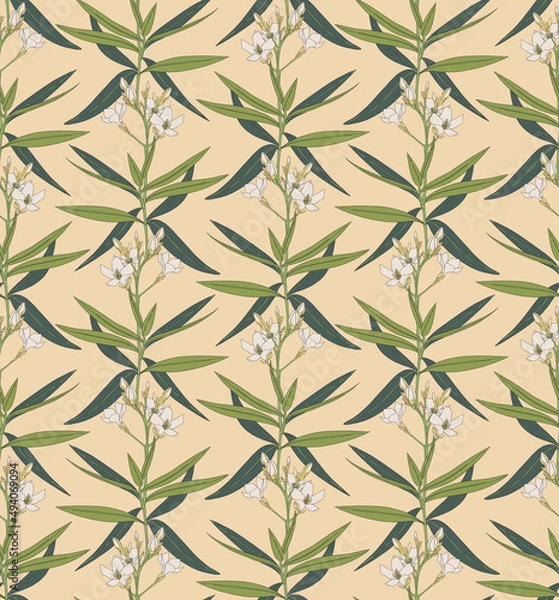 Fototapeta Vintage floral seamless pattern of white crape jasmine flowers and buds in art nouveau style