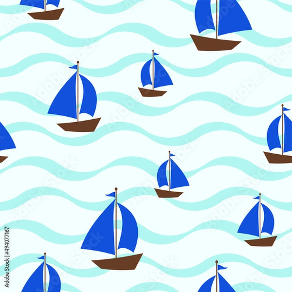 Obraz Fabric textile print template. vector illustration. texture backgraound. a ship on the waves.  a high-quality image.  seamless illustration