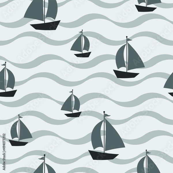 Obraz Fabric textile print template. vector illustration. texture backgraound. a ship on the waves. Monochrome pattern. 