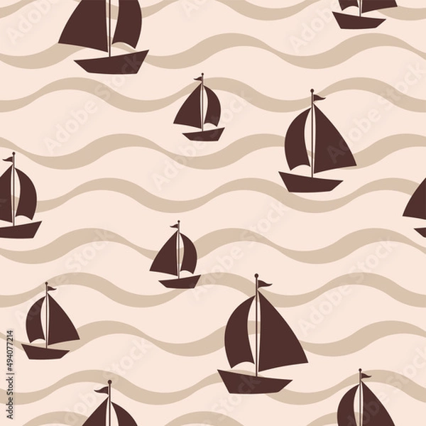 Obraz Fabric textile endless print template. vector illustration. texture background. a ship on the waves. coffee vintage color. seamless pattern. 