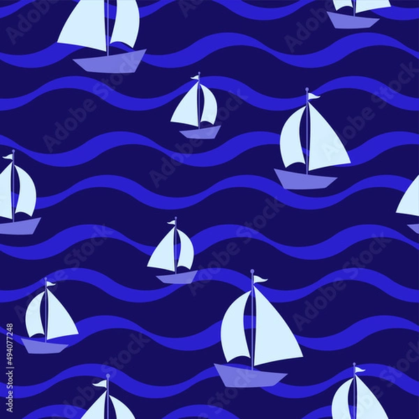Obraz Fabric textile print template. vector illustration. texture backgraound. a ship on the waves. 