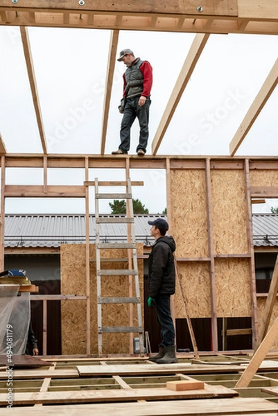 Fototapeta Two construction company workers assemble a wooden frame house. One builder is standing on the roof