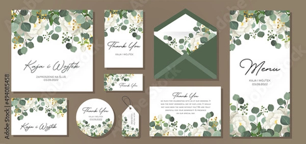 Fototapeta Wedding Invitation, menu, label,  envelope. Floral design green watercolor eucalyptus leaves, foliage greenery decorative print. Vector elegant cute rustic.