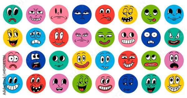 Obraz Set of cartoon comic funny faces in retro style with different expressions of emotions. Abstract round icons of heads of emotional characters. Emoji people animation in 20s 30s style. vector