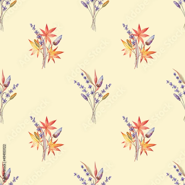 Fototapeta Seamless pattern with the lavender flowers, grasses and herbs, and autumn maple leaves. Creamy yellow background and elegant plants painted with watercolors. For fabric, wrapping paper, wallpapers. 